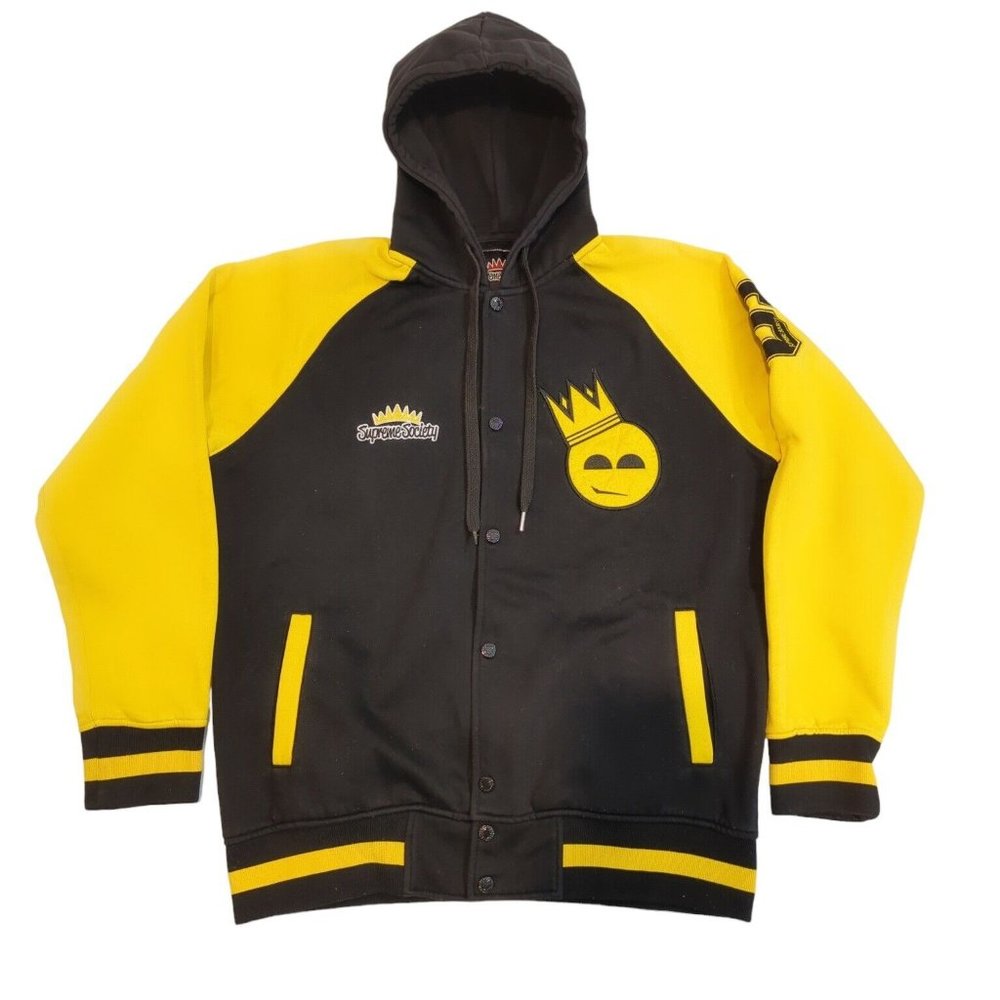 Supreme Society Men's Size Large Varsity Jacket Hooded Black Yellow Snap Button